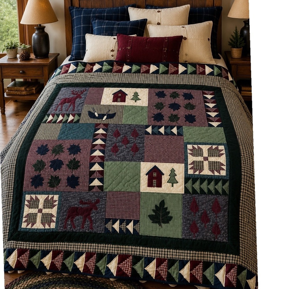 Vintage Rustic Cabin Lodge Appliqué Quilt Queen 95x100 Moose Canoe Trees